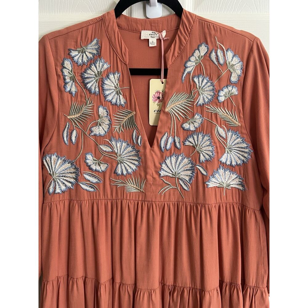 ENTRO Terracotta Blue Floral Embroidered Tiered Mini Dress - Picture 2 of 11